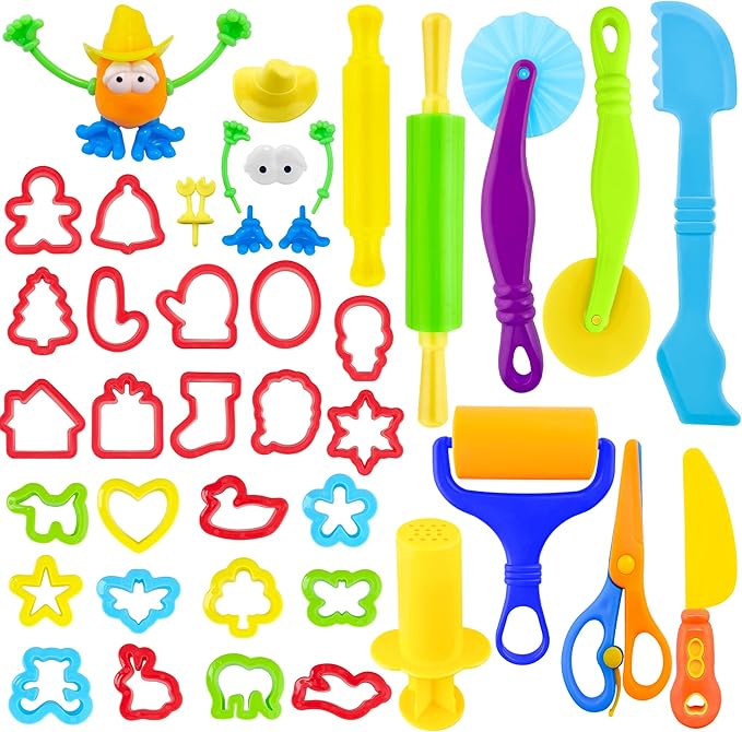 iShyan Dough Tools for Kids，40pcs Basic Dough Play Toys Includes Cutters, Roller, Rolling Pins, Safety Scissors