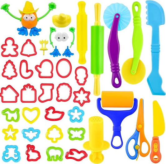 iShyan Dough Tools for Kids，40pcs Basic Dough Play Toys Includes Cutters, Roller, Rolling Pins, Safety Scissors
