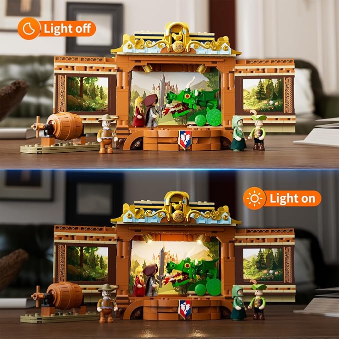 Medieval Troupe Carriage Lighting Building Bricks Set - Middle Ages City Town Playset Multi-Form Modular Collection Display Kit with Minifigures 1248 Pcs for Adults & Teens