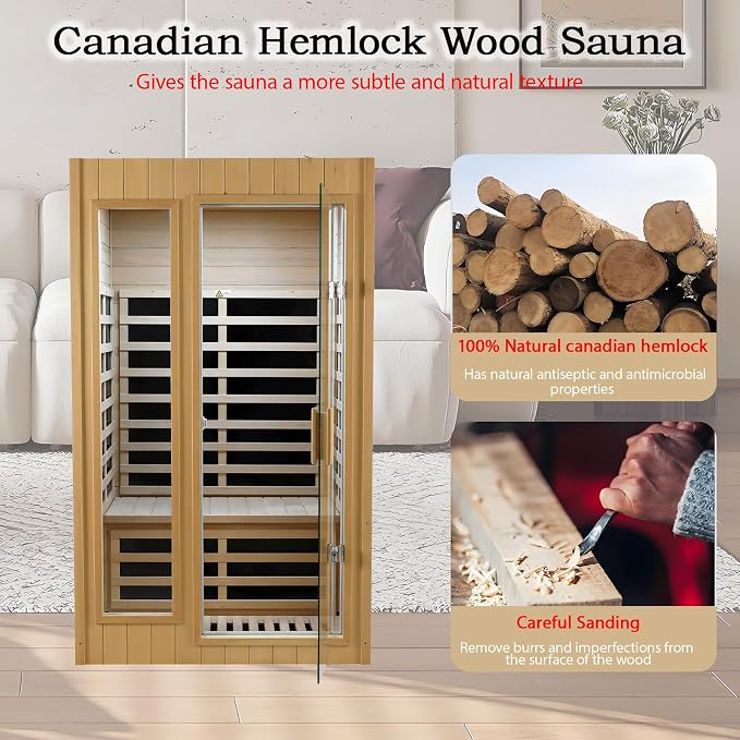 Kanlanth 2 Person Sauna with Side Glass Window, Low EMF Indoor Infrared Saunas for Home, 1500W Hemlock Wood Personal Sauna with 5 Heating Panels, Blue-Tooth, 2 LED Reading Lamps, Control Panel