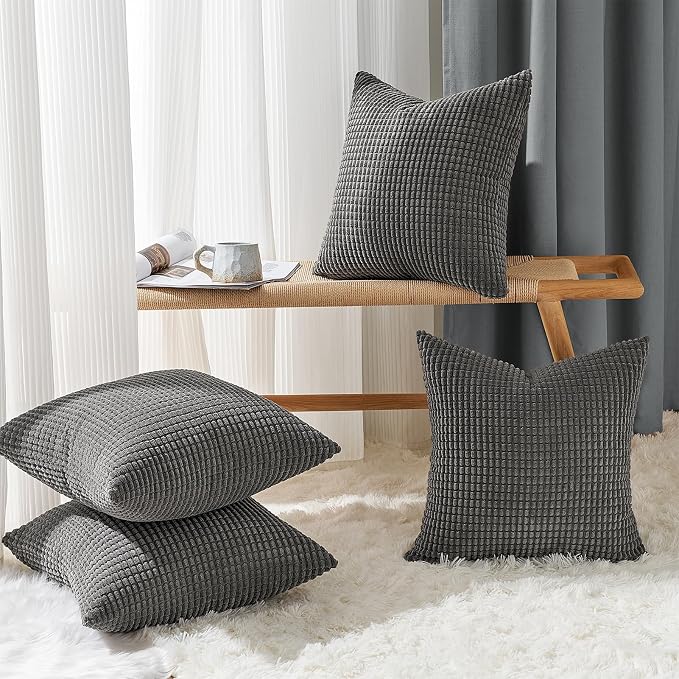 Topfinel 4 Packs Dark Grey Decorative Throw Pillow Covers 18x18 Inch for Living Room Couch Bed, Rustic Modern Farmhouse Home Decor, Soft Corduroy Bulge Cute Accent Square Cushion Case 45x45 cm