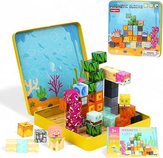 49PCS Mini Magnetic Blocks Ocean Theme – Sea Life Magnet Building Cubes with Storage Iron Box, STEM Educational Travel Toys for Kids Ages 3–8, Creative 3D Learning Construction Set