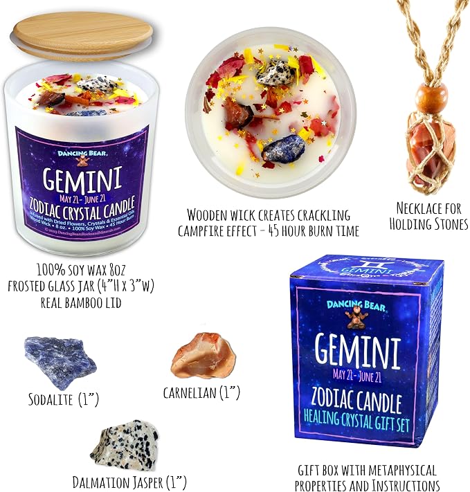 DANCING BEAR Gemini Zodiac Candle Gift Box Set with 3 Healing Crystals & Stone Holder Necklace, 100% Soy Scented Wax, Crackling Wood Wick, 45 Hour Burn Time
