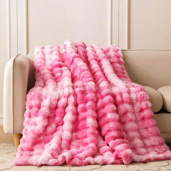 COOVA Faux Fur Throw Blanket for Couch, Cozy Soft and Fuzzy Plush Rabbit Fur Bubble Blanket for Sofa Bedroom Living Room, 50x60 Inches Tie Dye Pink