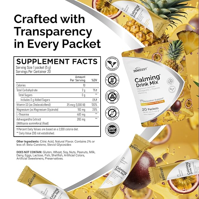ZeniZest Calming Drink Mix Powder - Natural Cortisol Balance Calm Sleep Stress Support Supplement with Magnesium Glycinate Ashwagandha L-Theanine Vitamin D3 - Pineapple Passion Fruit Flavor 20 Packets