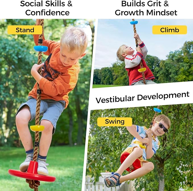 DECORLIFE Tree Swing for Kids 330LB Capacity, Adjustable Climbing Rope with Platforms and Disc Swing Seat Set for Outdoor Backyard Playground Accessories, Including Carabiners and Strap, Red