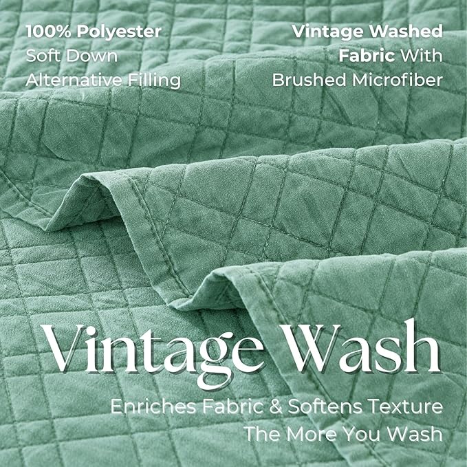 Cali King Quilt Set with Shams Lightweight Quilted Bedspread Coverlet Thin Comforter Bed Cover Vintage Washed Quilted Blanket for All Season, Brushed Microfiber Diamond Stitching, Green, 111"x92"