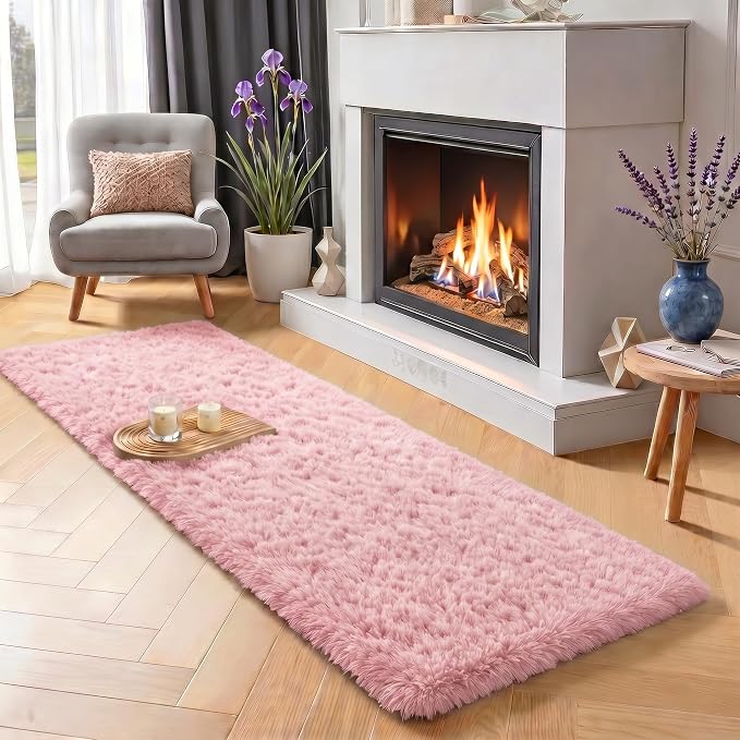 Pink Runner Rugs for Girls Bedroom, Plush Fluffy Hallway Rug 2x6 Ft, Kawaii Vibrant Carpet for Living Room, Non-Slip Long Bedside Rugs,Girls Nursery Kids Girls Princess Room Decor Aesthetic Light Pink