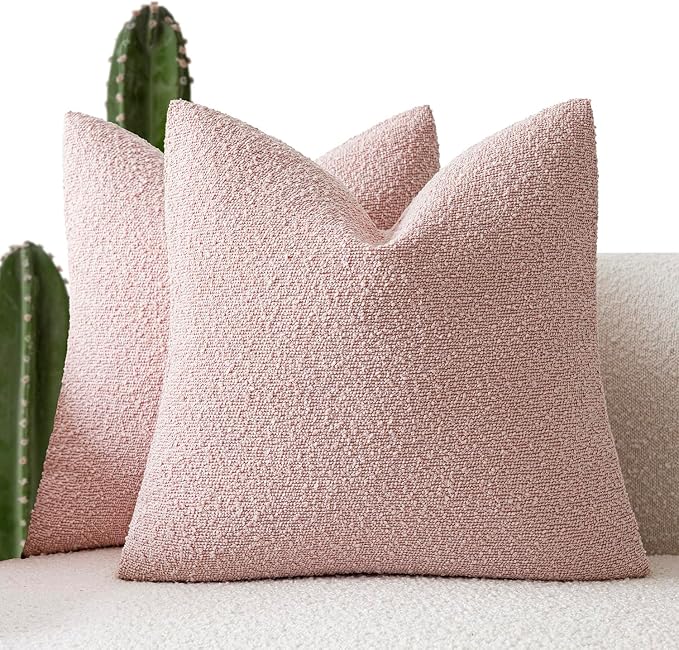 Foindtower Pack of 2 Textured Boucle Throw Pillow Covers Accent Solid Pillow Cases Cozy Soft Decorative Couch Cushion Case for Chair Sofa Bedroom Living Room Home Decor 20x20 Inch Sakura Pink
