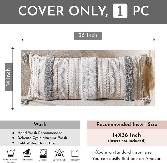 14x36 Lumbar Pillow Cover for Bed, Rectangular Long Decorative Throw Pillowcase, Boho Accent Cushion with Gray Tufted Pattern and Tassels, Cream Neutral (Cover Only)
