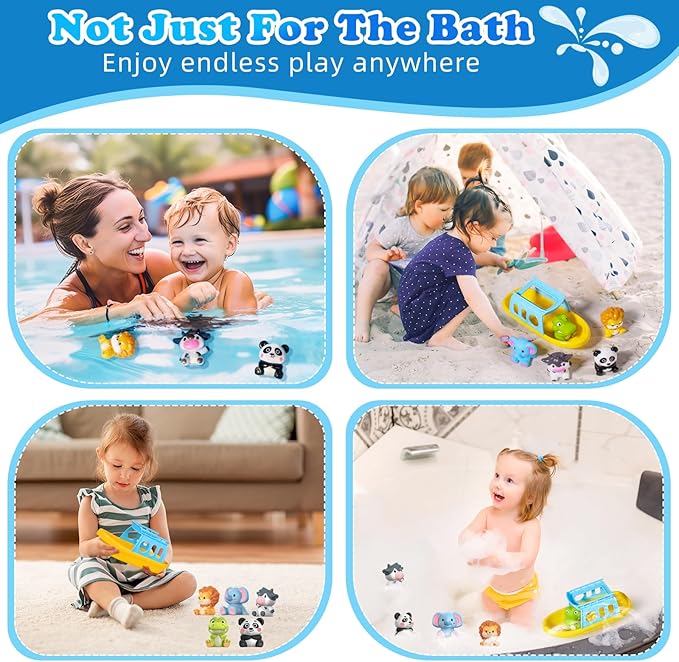Oriate Bath Toys Set for 1+ Year Old, 5PCS Mold Free Silicone Animal Finger Puppets with BPA Free Boat, Montessori Sensory Learning Water Pool Bathtub Beach Toy, Summer Party Favors for Kids Toddlers