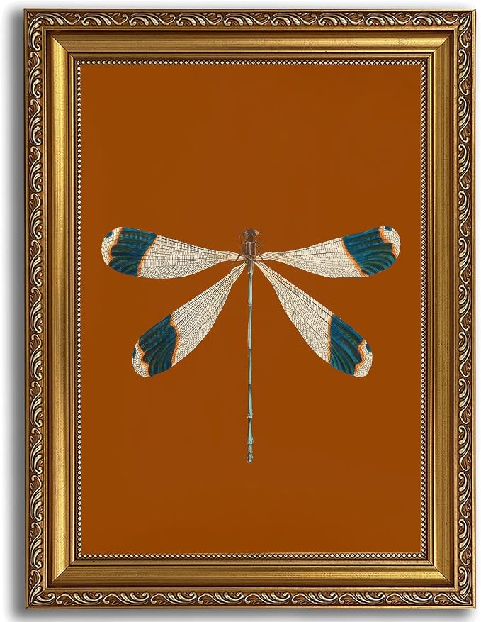 Gold Framed Dragonfly Wall Art,Antique Insect Picture Wall Decor11x9in | Burnt Orange Background Canvas Print Cottagecore For Bedroom, Study,Hallway,Entryway