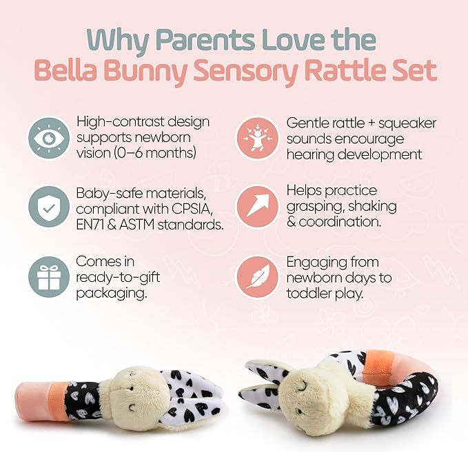 Bella Bunny Sensory Rattle Set – Newborn Rattle & High Contrast Baby Toys (0–6 Months), Soft Plush Bunny Lovey for Play & Gift Giving