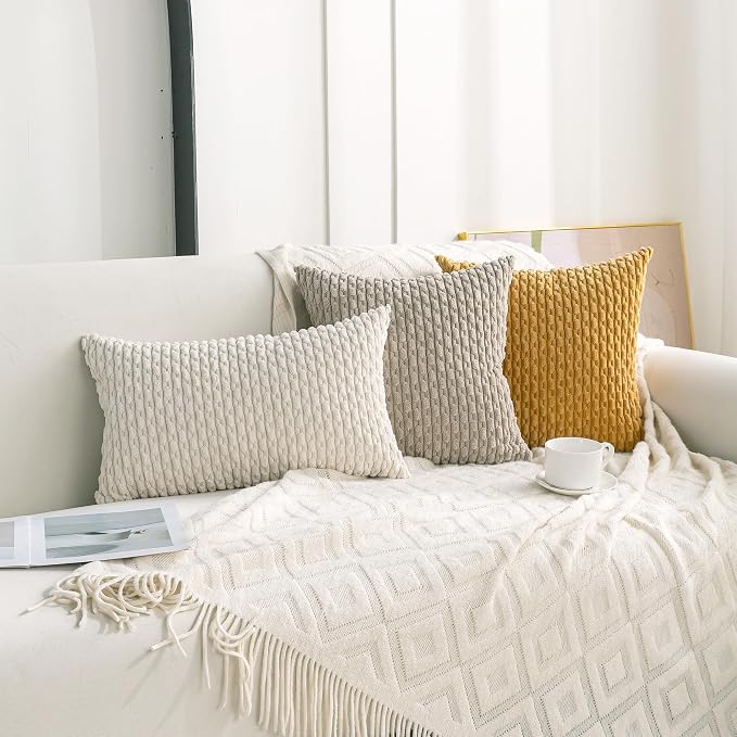 Set of 4 Cream White Decorative Throw Pillow Covers 18x18 Inch Corduroy Pillow Covers for Bed Couch Sofa Living Room Soft Square Cushion Cases