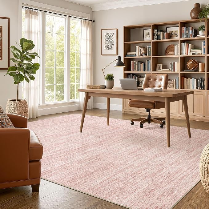 Nakagishi 6X8 Area Rugs Living Room: Washable Large Vintage Rug Neutral Non-Slip Soft Stain Resistant Indoor Carpet for Bedroom Nursery Dining Room Office Playroom - Pink