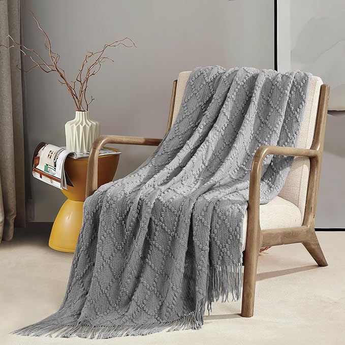 BOURINA Light Grey Throw Blanket 50 x70 Inch Jacquard Throw Knitted Blanket | Jacquard Argyle Throw Textured Solid Soft Throws and Blankets for Sofa or Bed Knitted Decorative Blanket
