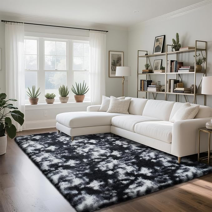 Fluffy Rug Shag Area Rug, Mottling Black 5x8 Area Rugs for Bedroom, Small Bedside Rug, Soft Fluffy Shag Entryway Throw Rugs for Living Room Bedroom Room Home Decor
