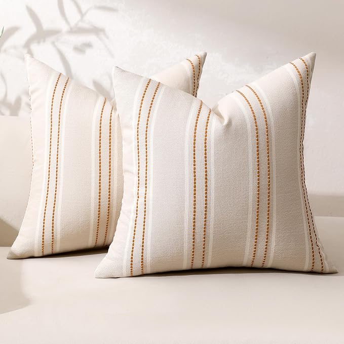 Hckot Fall Rust Terracotta Throw Pillow Covers 20x20 Set of 2 Stripe Pillow | Farmhouse Decorative Pillow Covers Square Cushion Covers for Sofa Couch Bed Living Room Modern Home Decor