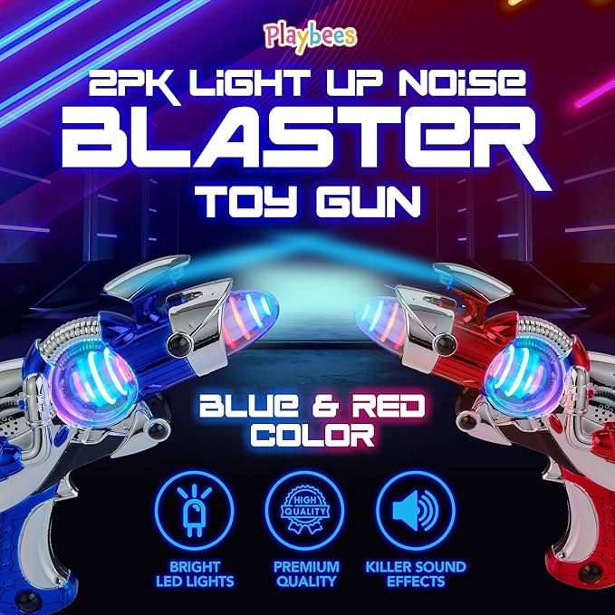 Light-Up Noise Blaster - Red & Blue 2 Pack - 11.5 Inches - Super Spinning Space Sound Effects with Futuristic Power Galaxy Ranger FX for Party Favor, Novelty, Bag Stuffer for Ages 5+