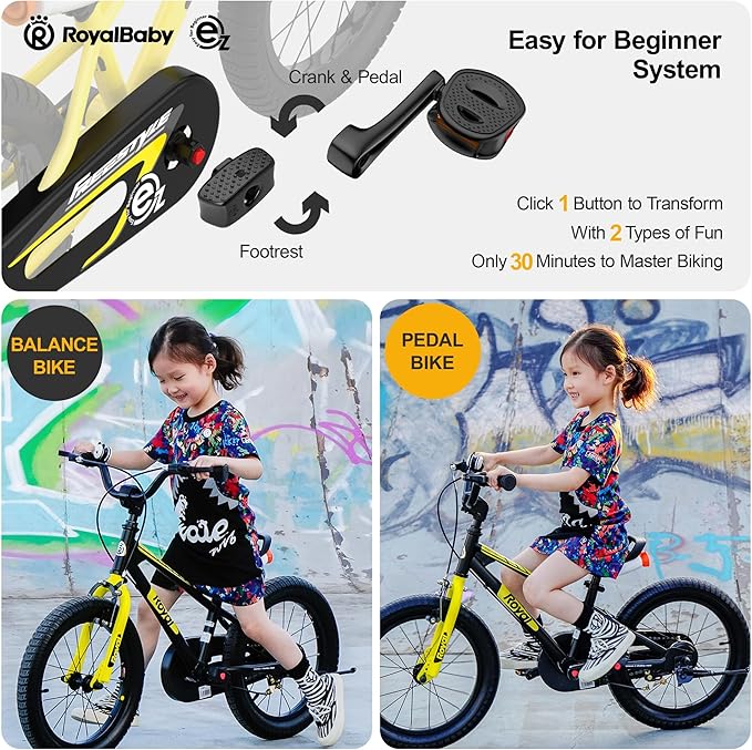 RoyalBaby Kids Bike Freestyle Classic & EZ Balance Pedal Switchable Bicycle, 12 14 16 18 Inch, 3-10 Years Toddler to Big Kids