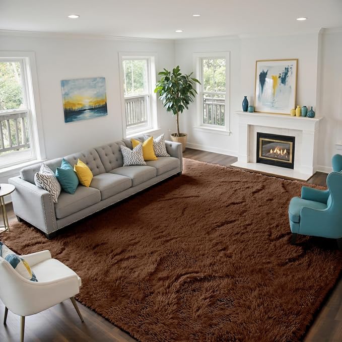 yongyangjuxin Fluffy Rug Shag Area Rug, Brown 8x10 Area Rugs for Living Room, Large Shag Area Rugs for Bedroom Room Home Decor, Upgrade Anti-Skid Rectangular Fuzzy Rugs