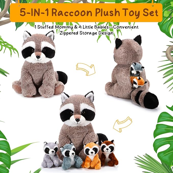 5 Pcs Raccoon Stuffed Animal Set Adorable Mommy Raccoon Plush with 4 Cute Babies in Tummy Soft Cuddly Plushie for Birthday Woodland Party Decor(Cuddly Style)
