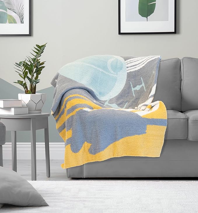 Star Wars Feather Knit Fluffy Throw Blanket - Death Star and Millennium Falcon Fuzzy Blanket Measures 50 x 60 inch, Super Soft Lightweight Bedding