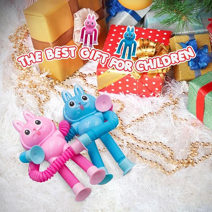 Pop Tubes Rabbit Fidget Toys for Kids, 2Pack Fidget Pop Toys Telescopic Suction Cup Toy for Stress and Anxiety Relief, Stocking Stuffers Gift for Kids and Toddlers (2Pack Rabbit)