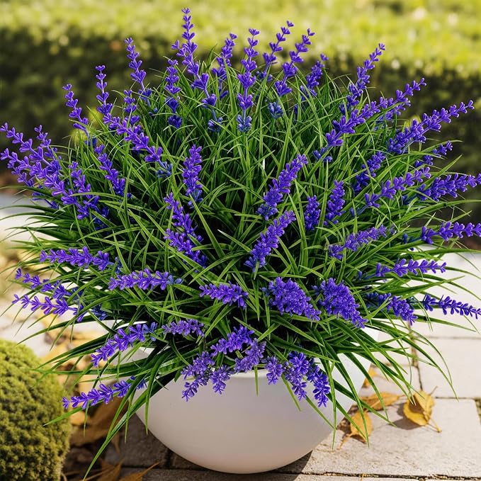 Gipsot 15 Bundles UV Resistant No-Fade Outdoor Artificial Plants & Flowers, Adjustable Height Fake Lavender Flowers Indoor & Outdoor Decor for Garden Patio Pathway Hanging Planter Front Porch