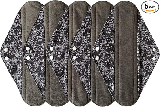5 Pieces Charcoal Bamboo Mama Cloth/ Menstrual Pads/ Reusable Sanitary Pads (Black lace, Overnight (14 inch))
