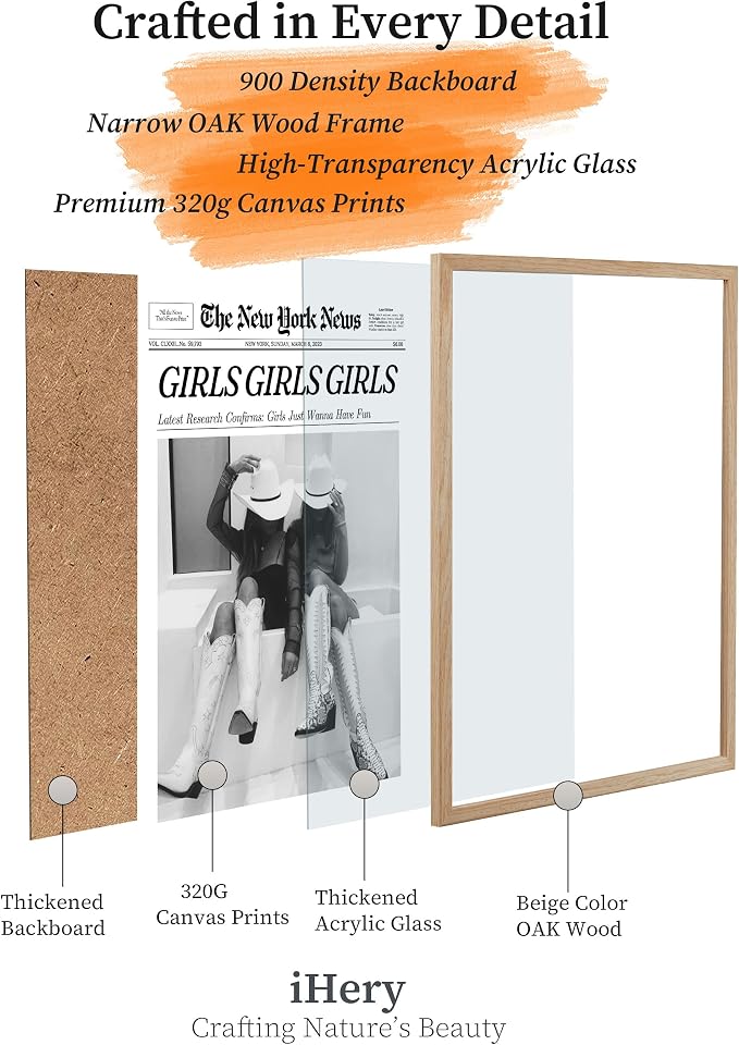iHery 16x20in Girls Just Wanna Have Fun Framed Newspaper Wall Art | Natural OAK Wood Frame with Canvas Print, Western Cowgirl Decor for Bedroom, Dorm, Living Room and Bar Cart, 1Pack