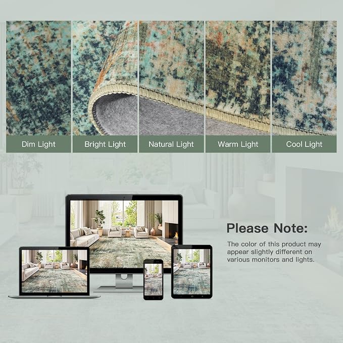8x10 Area Rug for Living Room, Abstract Washable Large Rugs,Coffee/Green | Neutral Carpet for Bedroom, Dining Room, Home Office Nursery Indoor, Stain Resistant, Non-Slip, Low Pile, Modern Rug