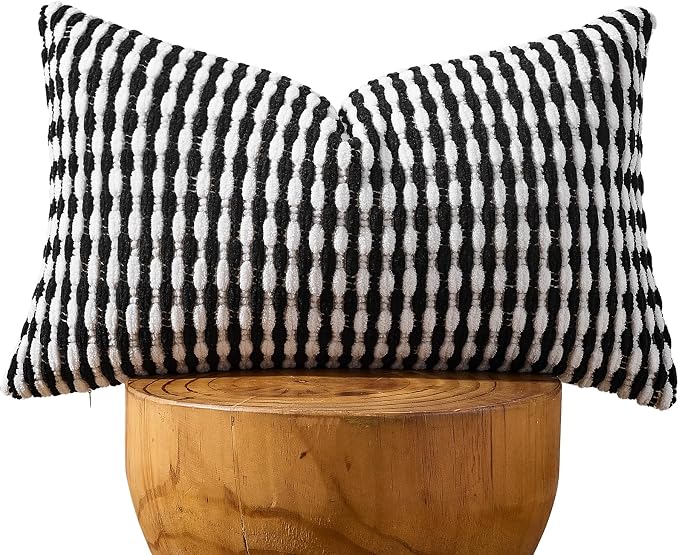Boho Chenille Pillow Cover Decorative Tufted Pillowcase for Couch Bed Sofa Bedroom Living Room Modern 12 x 20-Inch Black