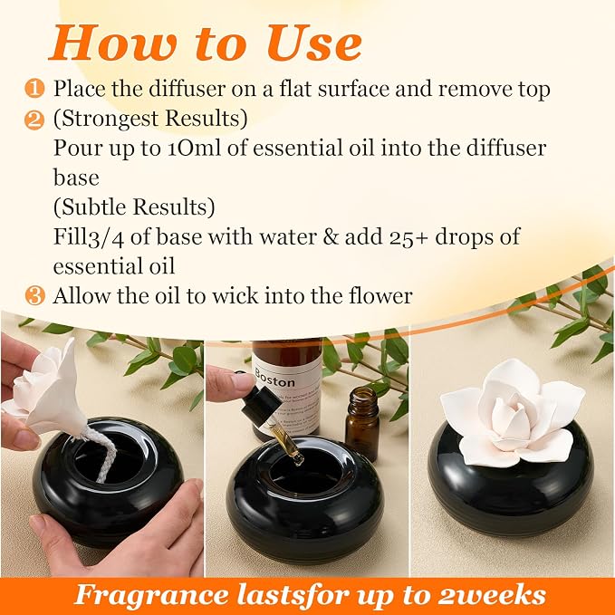 Honeydak 1 Pcs Ceramic Essential Oil Diffuser, Non Electric Reedless Passive Porcelain Flower Aromatherapy Diffuser, Decorative Floral Design Tabletop Office Home Bathroom Decor (White Lotus)