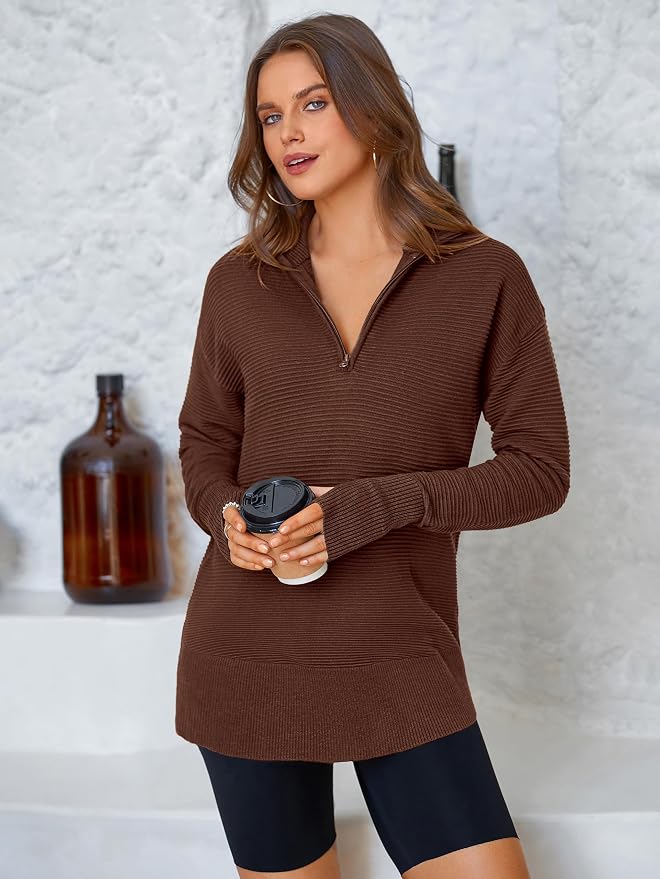PRETTYGARDEN Womens Long Sleeve Quarter Zip Pullover Sweater Casual Loose V Neck Collared Ribbed Knit Jumper Tops Thumb Hole