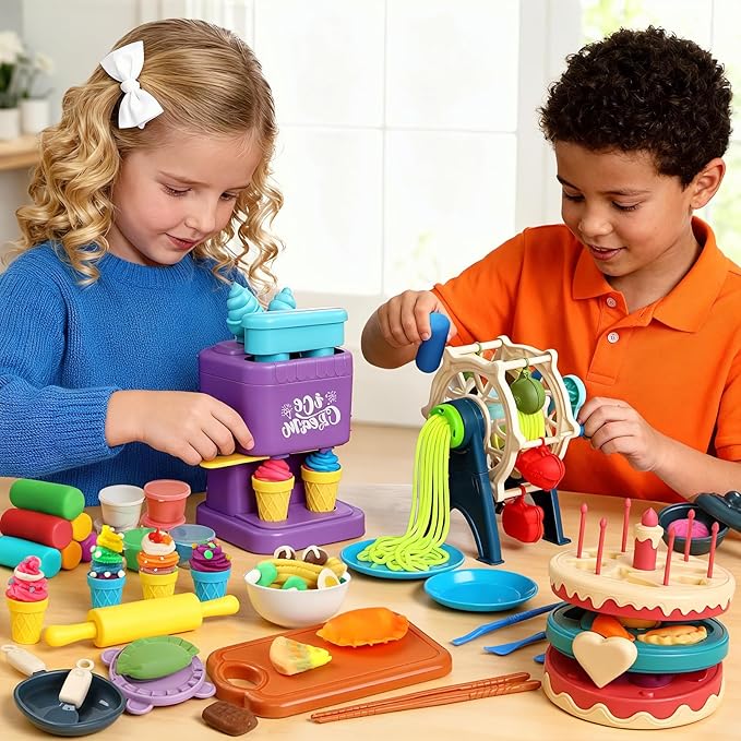 4 in 1 Playdough Sets for Kids Ages 4-8, 24 Colors Dough Accessories with Ice Cream/ Noodles/ Cake Makers, Kitchen Pretend Play Tools Kit, Birthday Gifts Toys for Toddlers Boys Girls 3 4 5 6 7 8