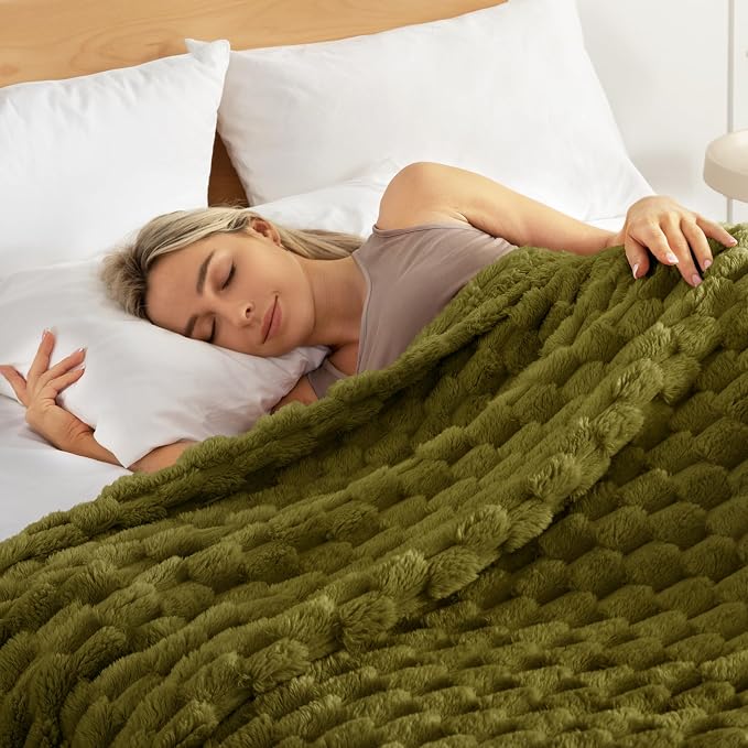 Whale Flotilla Soft Fleece Queen Size Bed Blanket 3D Jacquard, Olive Green | Lightweight Breathable Coverlet Bedspread for All Seasons, Super Cozy Plush Fluffy Fuzzy Decorative Blanket for Bed, 90"x90"