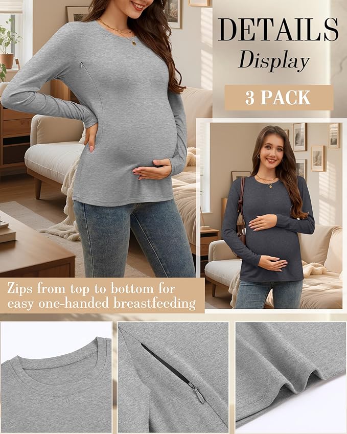 3 Pack Nursing Tops for Breastfeeding Maternity Shirts Zipper Long Sleeve Round Neck Knit Casual Nursing Clothes