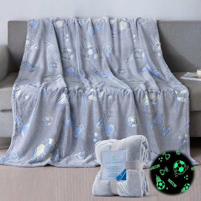 Glow in The Dark Soccer Blanket Gifts for Boys, Soft Blanket 3 4 5 6 7 8 9 10 Year Old Kids Gifts, Toddler Boys Toys Age 6-8,Gifts for Boys for Valentine's Day Birthday Gifts Presents,50"x60"
