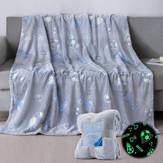 Glow in The Dark Soccer Blanket Gifts for Boys, Soft Blanket 3 4 5 6 7 8 9 10 Year Old Kids Gifts, Toddler Boys Toys Age 6-8,Gifts for Boys for Valentine's Day Birthday Gifts Presents,50"x60"