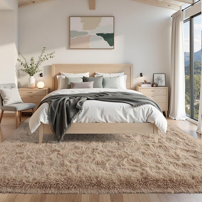 5x8 Living Room Rugs Fluffy Neutral Beige Area Rug,Modern Plush Non-Slip Soft Bedroom Shag Carpet for Book Room Office,Coffee Stain Resistant