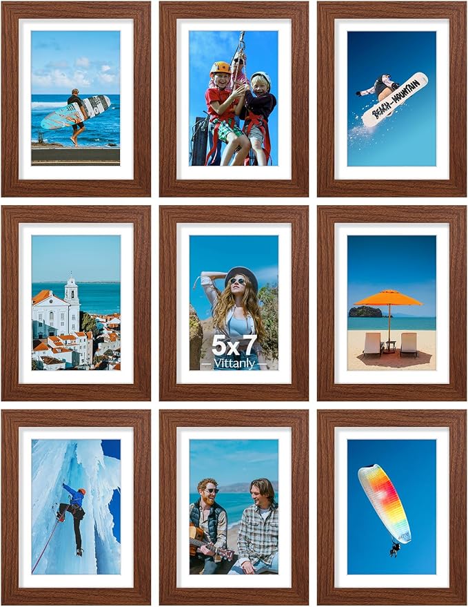 Vittanly 5x7 Picture Frames Set of 9, Wall & Tabletop, Wood Grain Brown | Display Pictures 4x6 with Mat or 5x7 without Mat, Small Photo Frames, Engineered Wood with Shatter Resistant Plexiglass