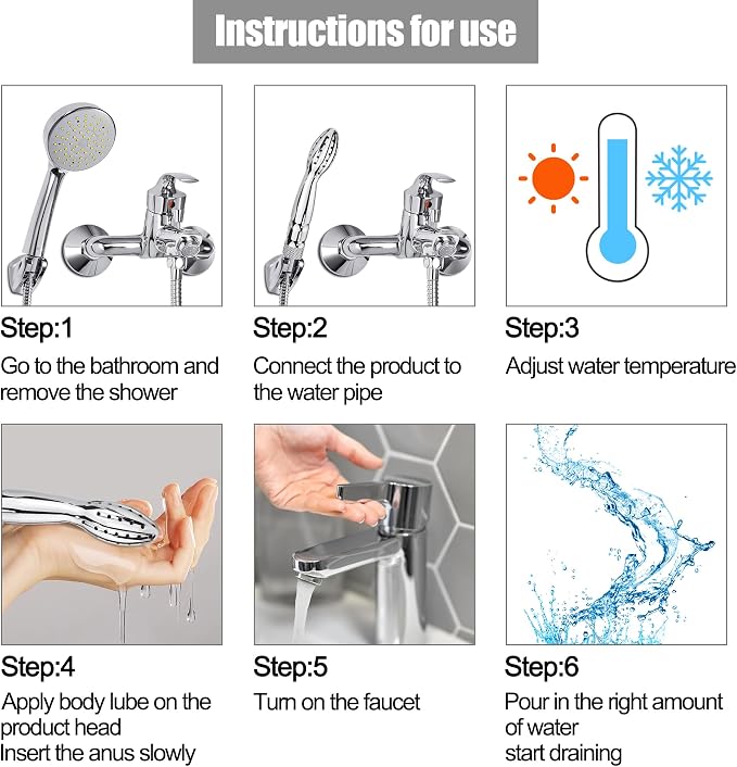 Shower Douche Shower Enema Shower Cleaner Enema Douche System, Handheld Water Shower Nozzle Anal Rinse Vaginal Cleaning Kit for Men Women, Silver (Aluminum)