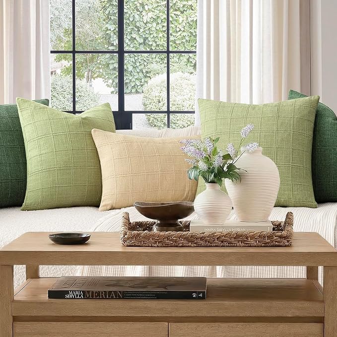 Foindtower Set of 2 Decorative Linen Check Throw Pillow Covers Neutral Farmhouse Vintage Cushion Covers Modern Boho Accent Home Decor for Sofa Chair Couch Bedroom Living Room,22×22 Inch,Light Green
