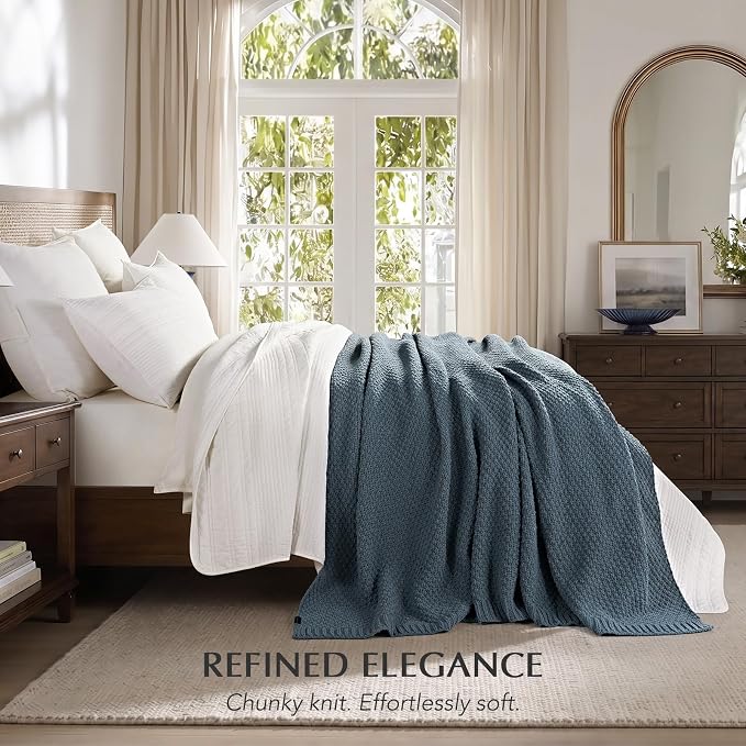 EVERGRACEHOME Chunky Chenille Knit Throw Blanket, 90 x 90, Stormy Blue | Sculpted Moss Stitch, Chic Modern Farmhouse, All-Season Warmth, OEKO-TEX® Certified, Oversized Queen for Couch, Bed, Sofa