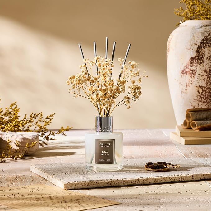 Airkeep Reed Diffuser Set,3.38 fl oz (100 ml) - Clean Cotton Oil Diffusers with 8 Reed Sticks, Home Fragrance Reed Diffuser for Bathroom Shelf Decor