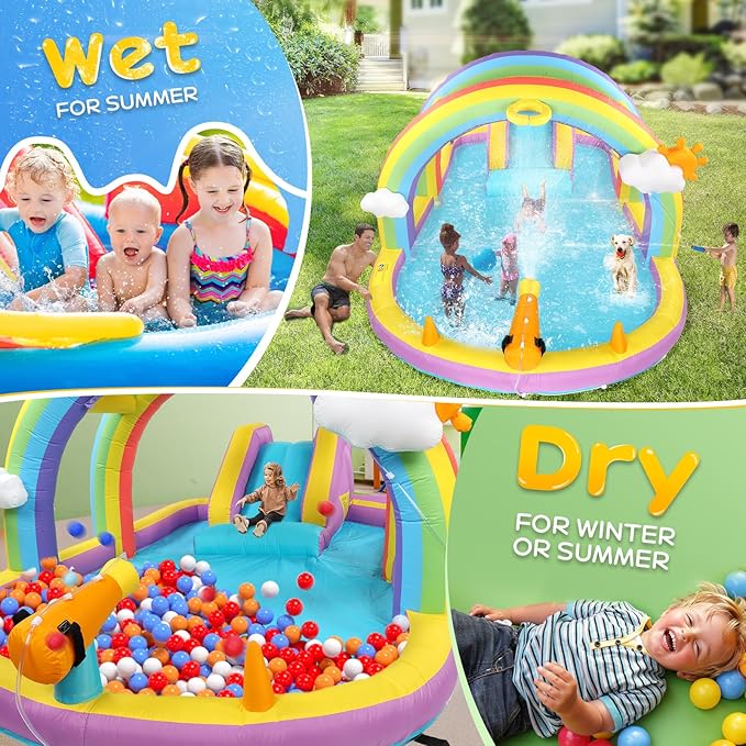 JOYMOR Inflatable Water Slide w/Climbing Wall, Water Cannon, Basketball Hoop, Kids Water Slide Bounce House w/Arch Sprinklers, 30s Blow Up Water Slide for Kids Backyard Party (Air Blower Included)