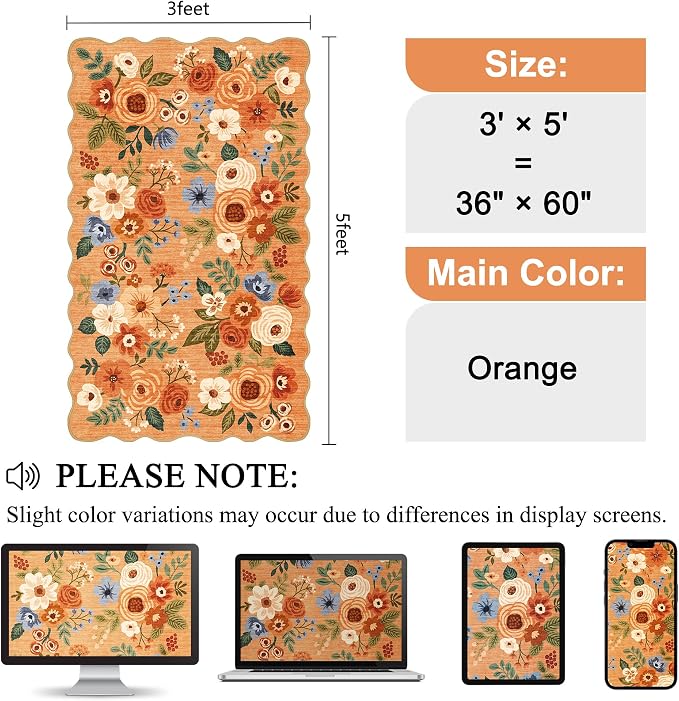 DUKINO 3x5 Area Rugs, Non Slip Floral Washable Rug for Bedroom, Orange | Soft, Low Pile, Non-Shedding Throw Rugs for Living Room, Entryway, Kitchen, Kids Room, Pet Friendly, Home Decor, Lightweight