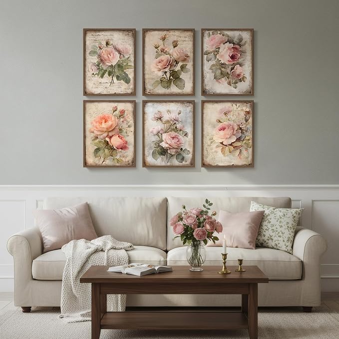 Framed Vintage Floral Wall Art, Set of 6 Boho Pink Rose Flower Canvas Painting Prints Artwork for Rustic Farmhouse, Retro Botanical Pictures for Bedroom Living Room Office Home Decor, 11x14