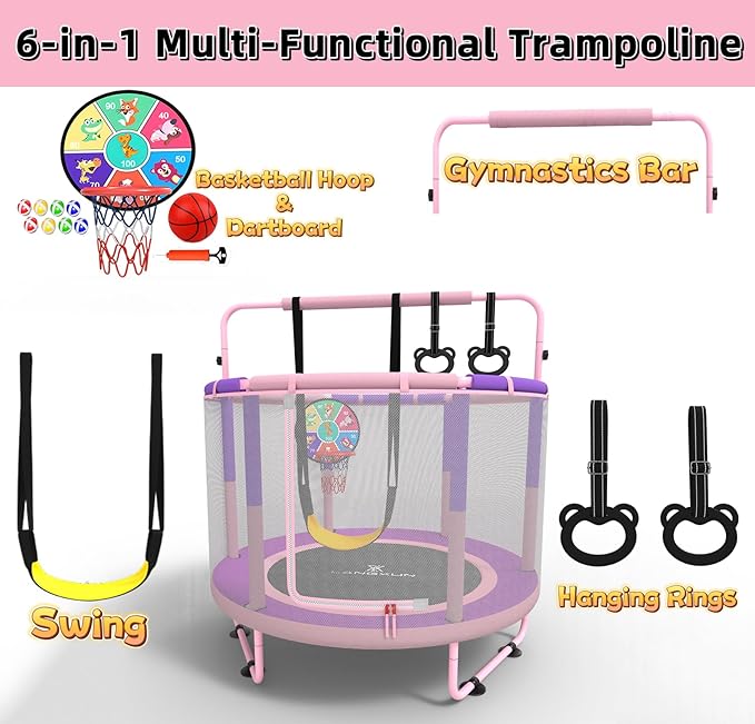 60" Trampoline for Kids, 5ft Toddler Mini 6-in-1 Trampoline Indoor Outdoor with Swing, Basketball Hoop, Dart Board, Rings, Christmas Toys Birthday Gifts for Girls Boys